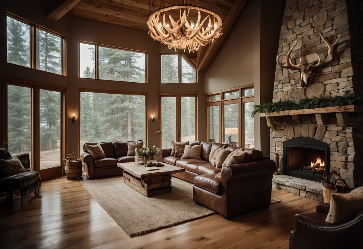 A rustic living room with a large deer antler chandelier hanging from the ceiling, casting warm light over a deer skull and other natural decor