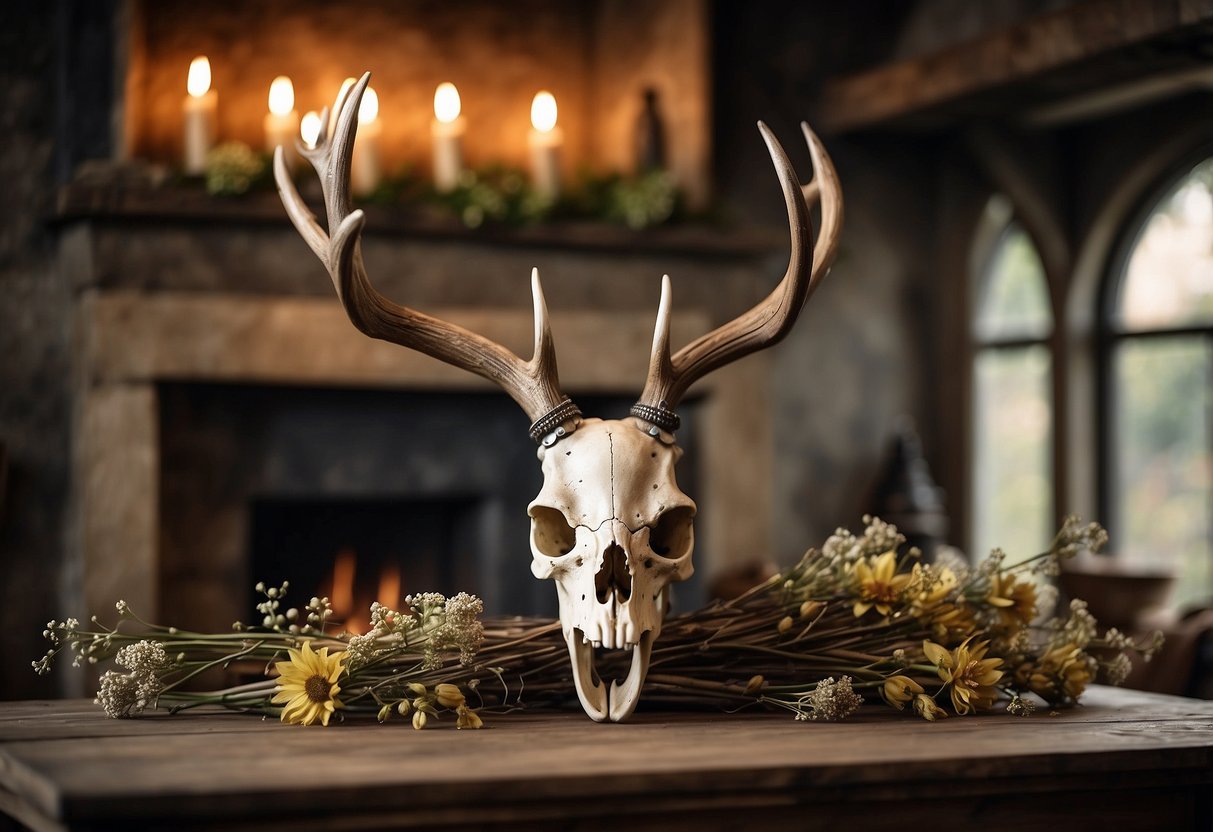 A deer skull hangs above a rustic fireplace, adorned with dried flowers and surrounded by vintage hunting gear