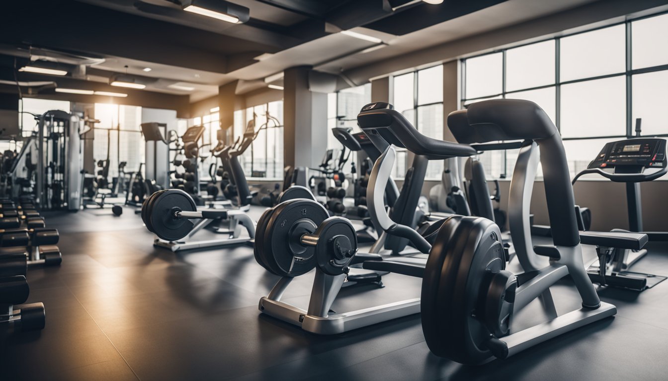 A gym setting with various equipment for glute exercises. Dumbbells, resistance bands, and a hip thrust machine are visible. Bright lighting highlights the space