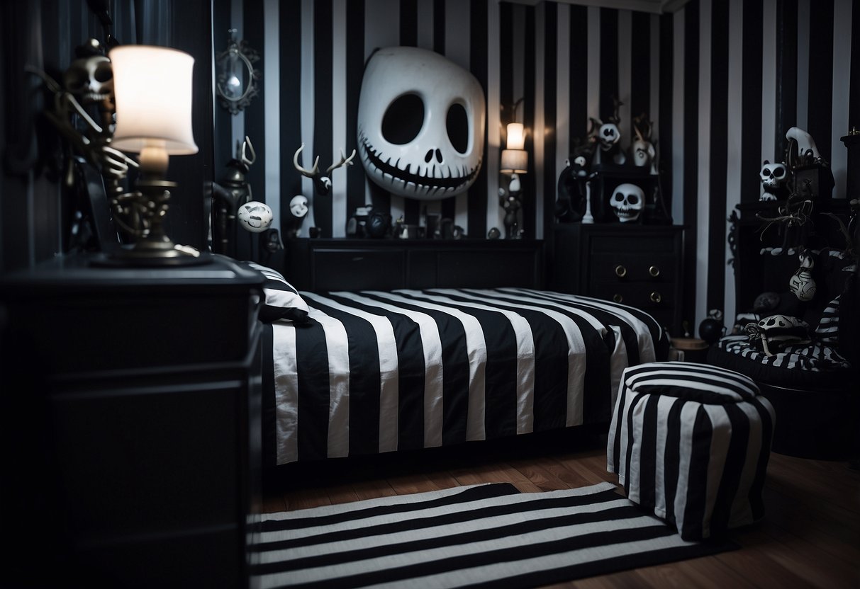 A dark, gothic bedroom with black and white striped walls, a coffin-shaped bed, and eerie decor inspired by Jack Skellington from The Nightmare Before Christmas