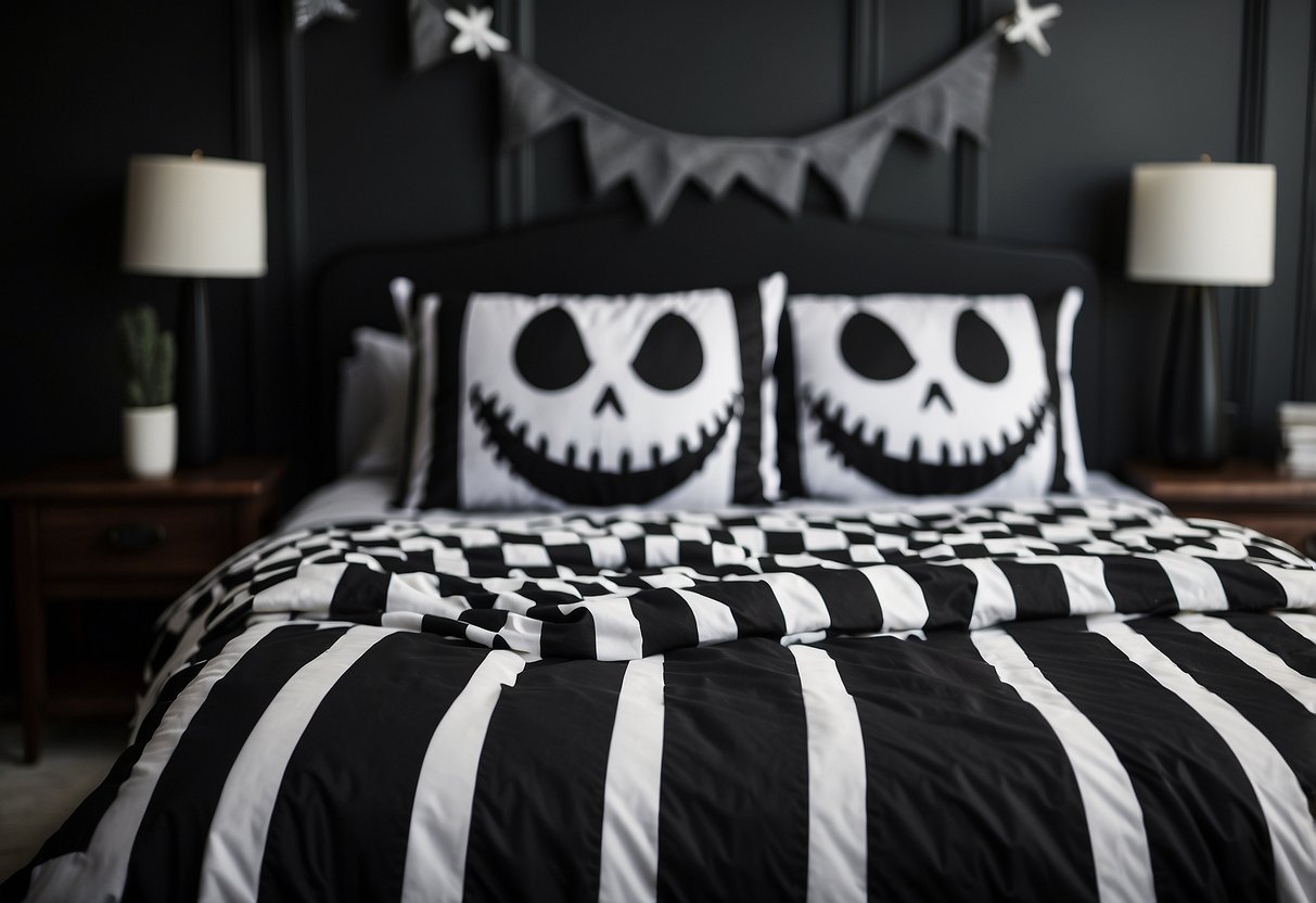 A black and white Jack Skellington bedding set on a bed, surrounded by spooky decor in a themed bedroom