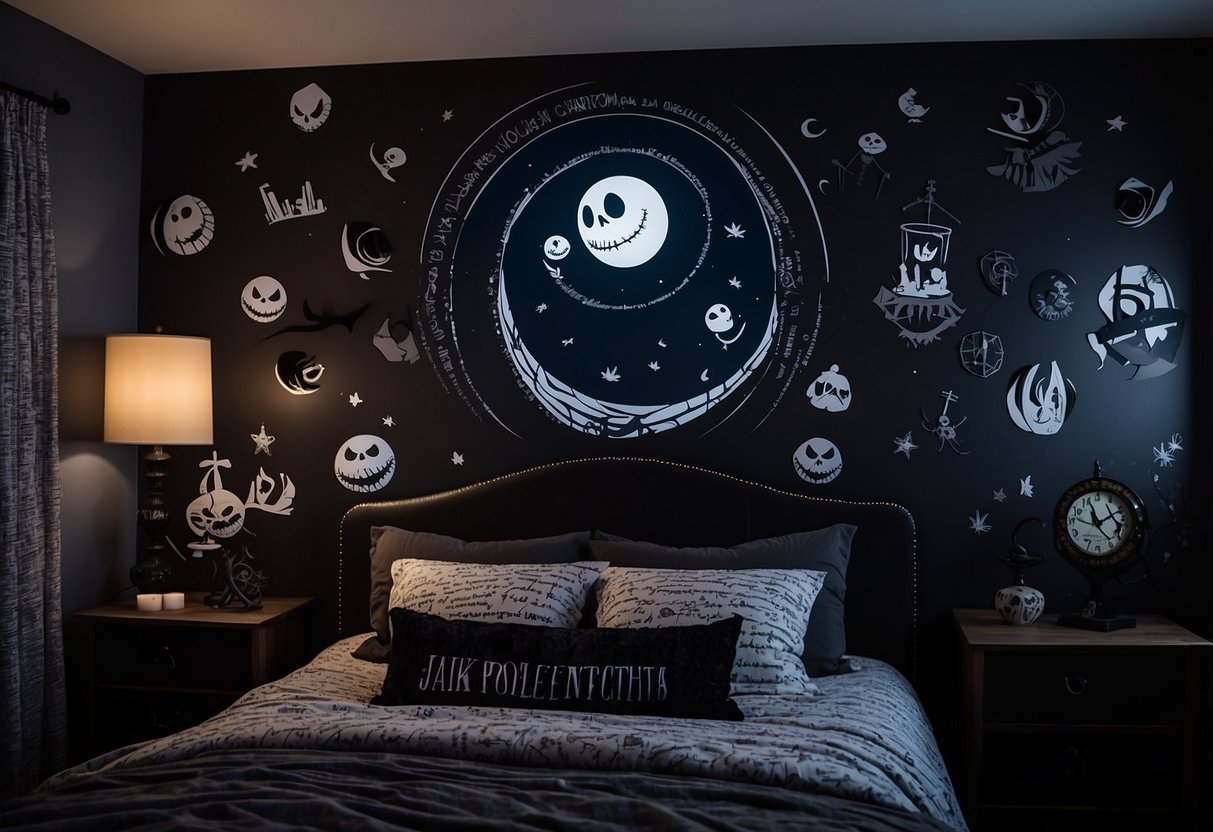 A dark bedroom with Jack Skellington wall decals, eerie decor, and Nightmare Before Christmas themed ideas