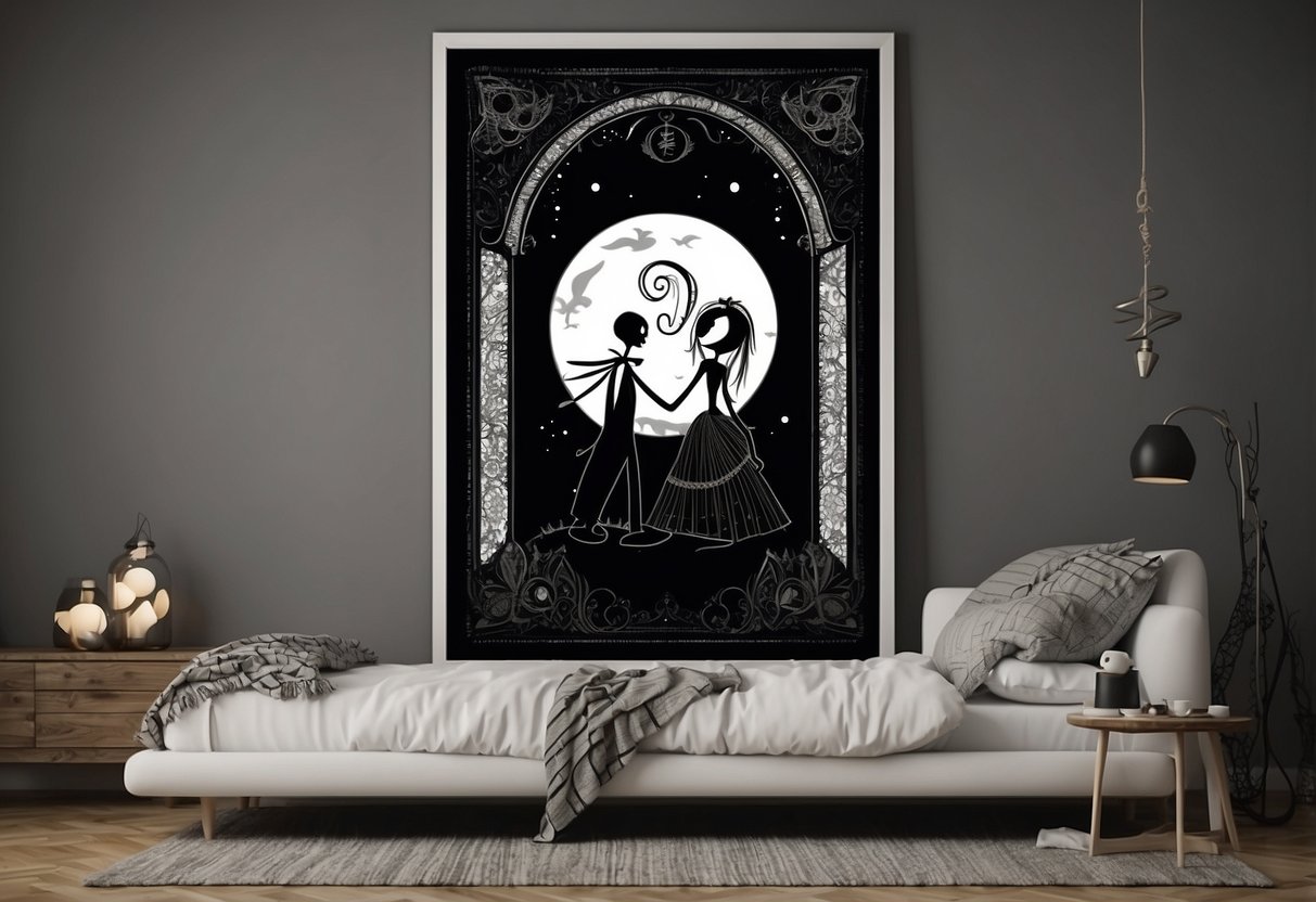 A black and white art print of Jack and Sally from The Nightmare Before Christmas, hanging in a bedroom with gothic home decor