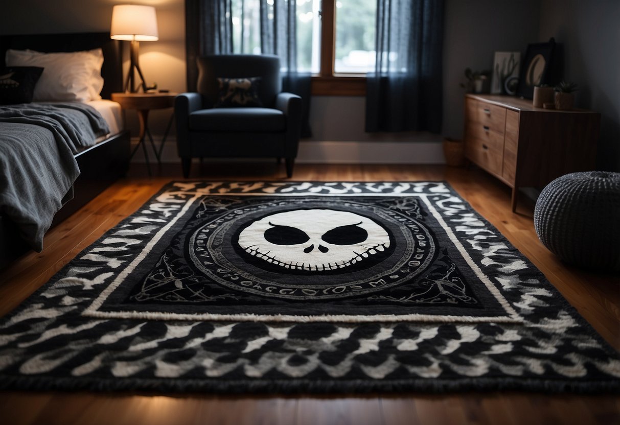 A black and white Jack Skellington rug sits in the center of a bedroom, surrounded by spooky decor and eerie lighting