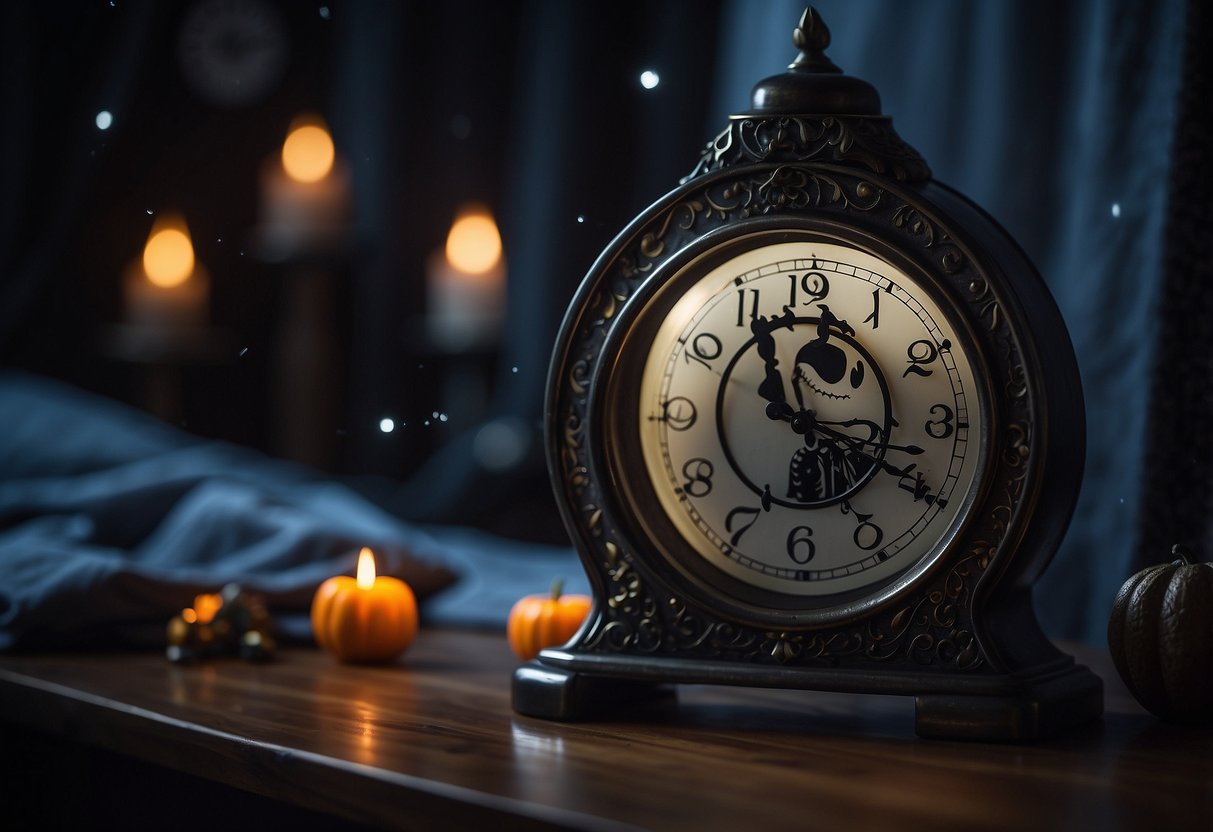 A spooky clock with Jack Skellington's face, surrounded by eerie decor and Halloween-themed home accessories, set in a dimly lit bedroom