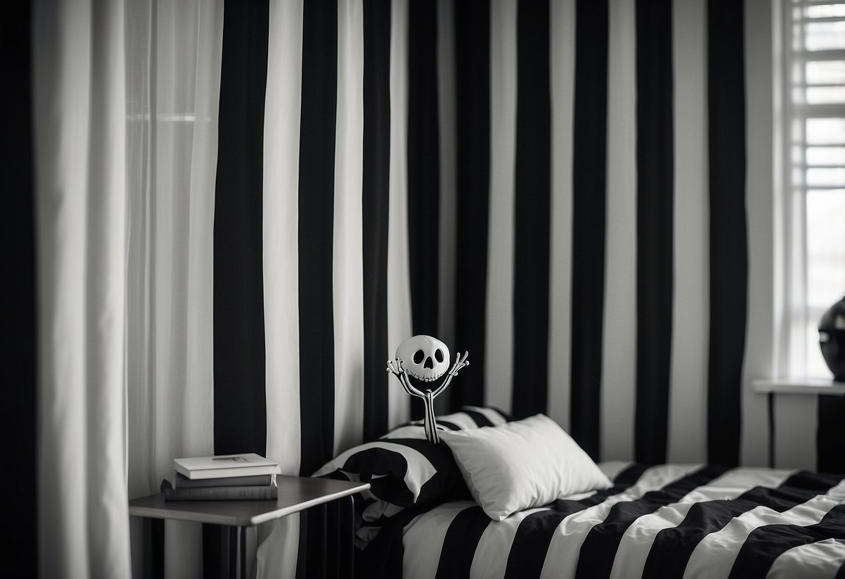 A black and white striped curtain hangs in a spooky bedroom with Jack Skellington themed decor