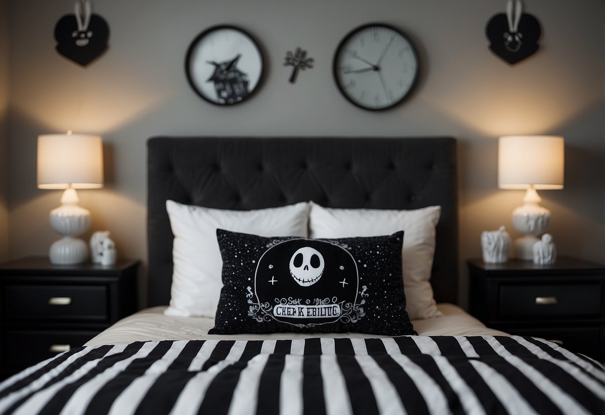 A cozy bedroom with Jack Skellington-themed decor, featuring a large Zero plush pillow as the centerpiece