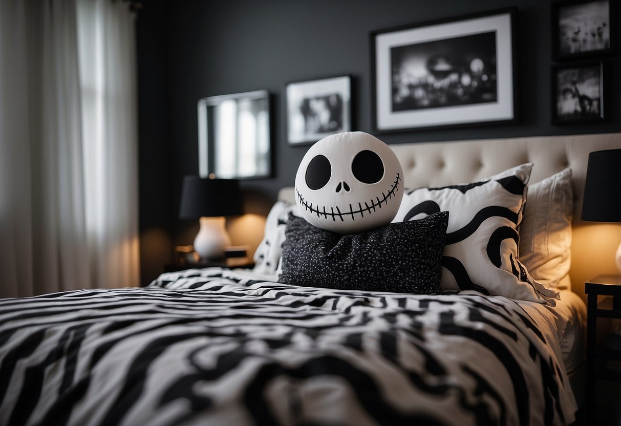 A black and white duvet cover featuring Jack Skellington from "The Nightmare Before Christmas" adorning a cozy bedroom with spooky home decor ideas