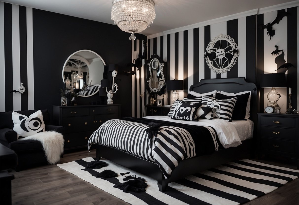 A black and white bedroom with Jack Skellington colors and decor, featuring striped walls, a bat-shaped rug, and a spooky chandelier