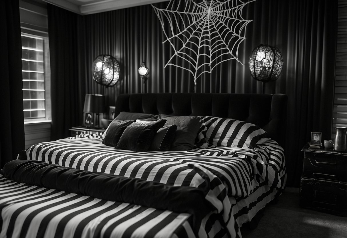 A black and white striped bed with a giant spider web headboard. A coffin-shaped bookshelf filled with Jack Skellington themed decor