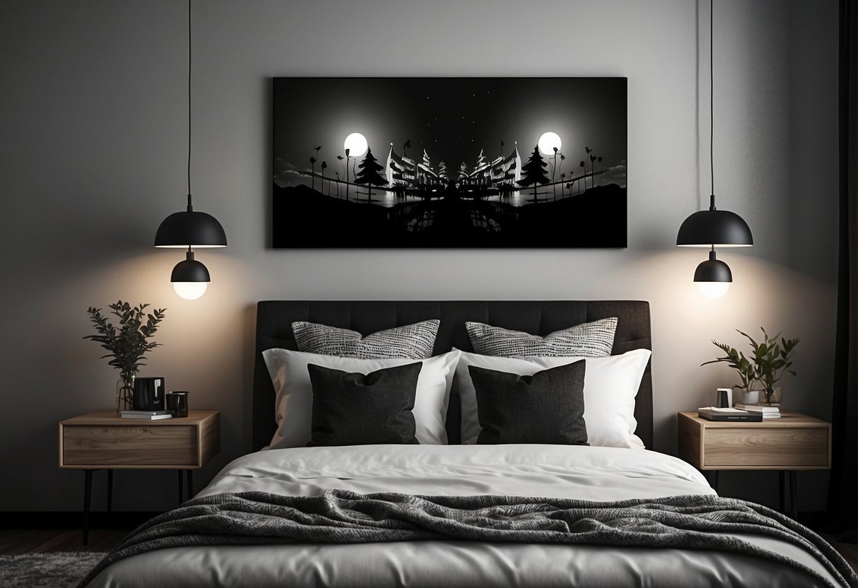 A black and white Jack Skellington wall art piece hangs above a bed in a stylishly decorated bedroom, adding a touch of spooky charm to the home decor