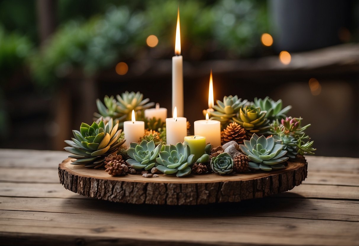 A wood slice adorned with succulents and candles sits on a rustic table, surrounded by natural elements like pinecones and twine