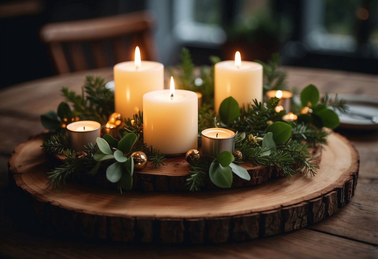 A wood slice table centerpiece adorned with candles and greenery, adding a rustic touch to the home decor