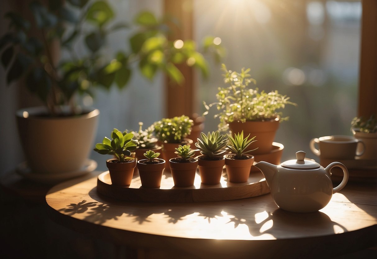 A wooden slice serving tray sits on a rustic table, adorned with small potted plants and a teapot. Sunlight filters through a nearby window, casting a warm glow on the scene