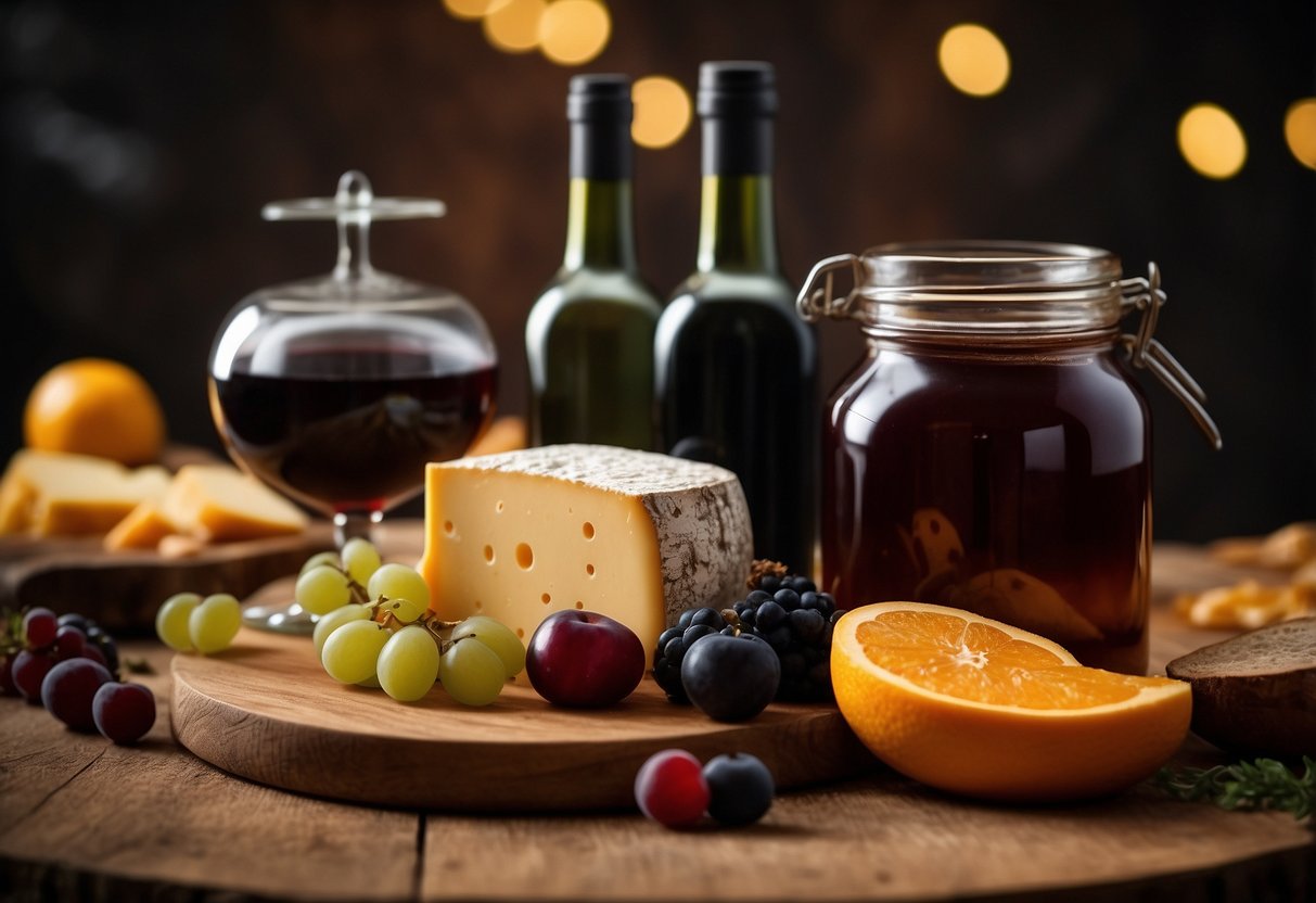 A wood slice cheeseboard sits on a rustic table, adorned with cheese and fruit. Surrounding it are jars of preserves and a bottle of wine, creating a cozy and inviting atmosphere