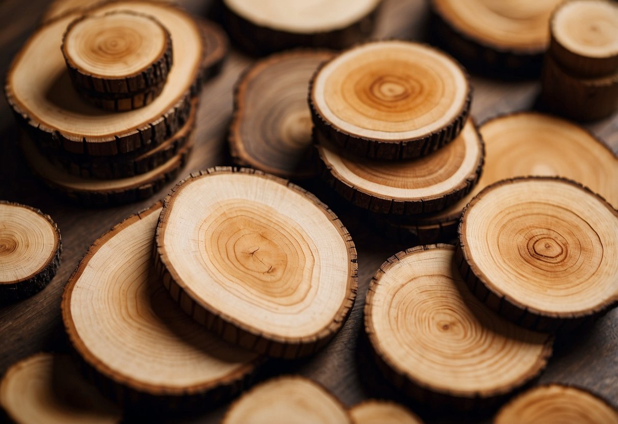 A variety of wood slices in different sizes and shapes are neatly arranged on a table, with tools and paint nearby for creating home decor pieces