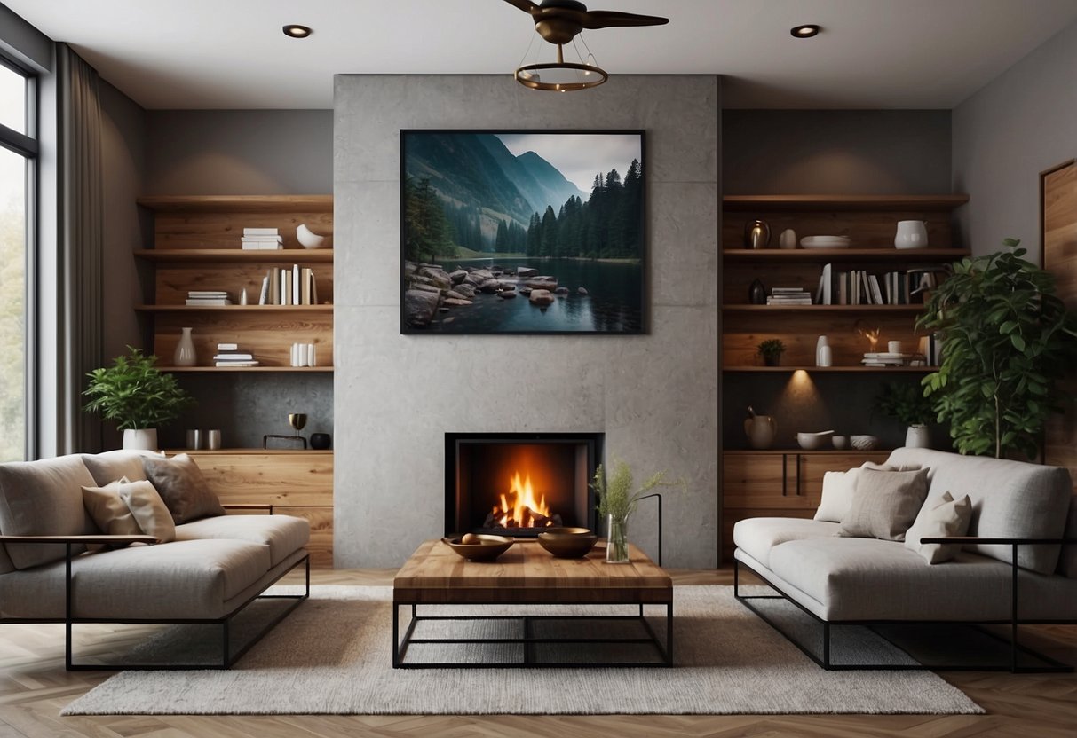 A cozy living room with a rustic fireplace, adorned with a large slate art piece depicting nature scenes, hanging above a comfortable sofa