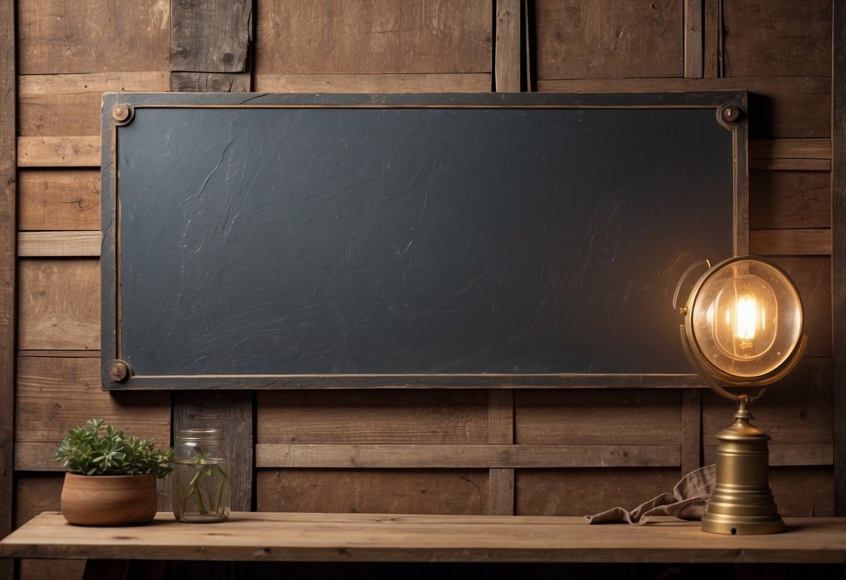 A rustic slate wall art piece hangs on a weathered wooden wall, surrounded by vintage decor and soft lighting