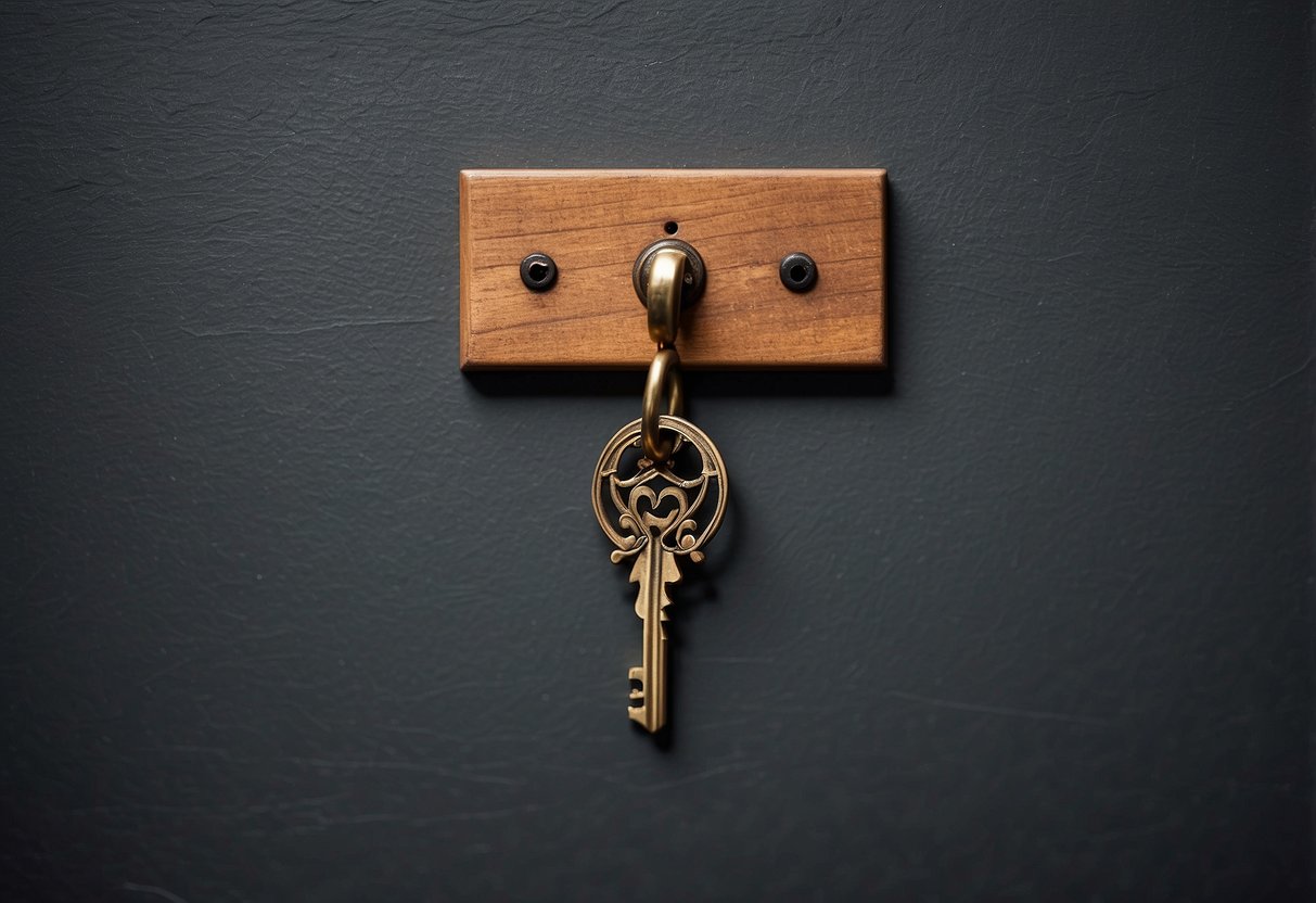 A wooden key holder hangs on a slate wall, surrounded by minimalist decor