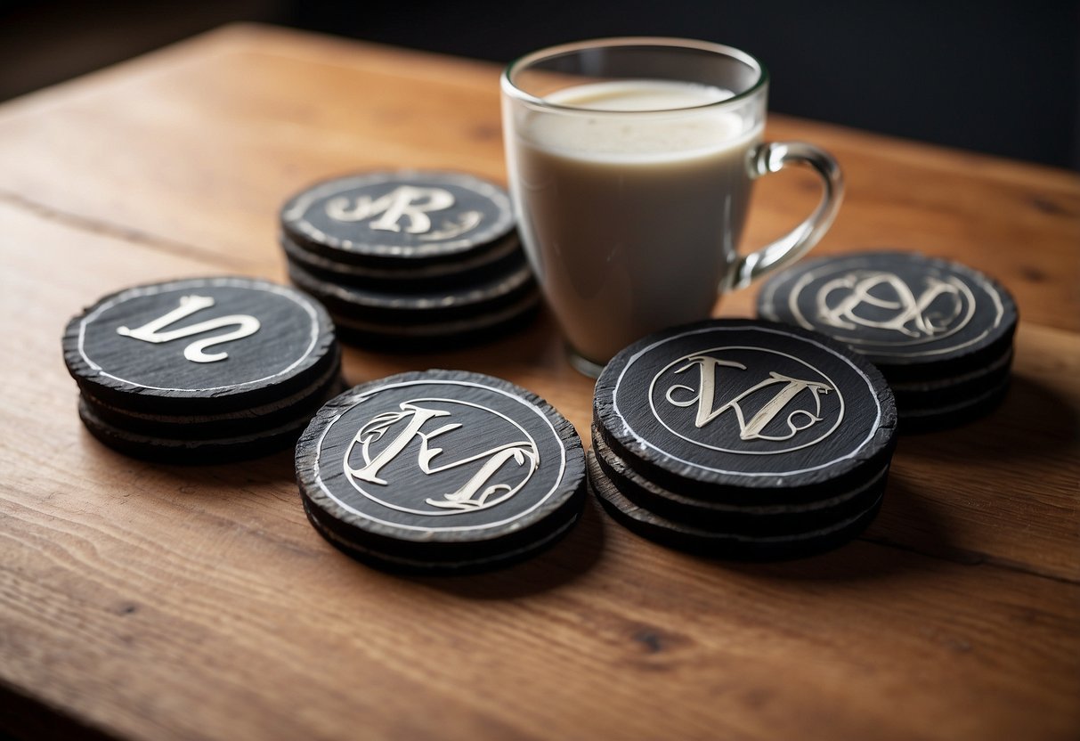 Four monogrammed slate coasters arranged on a wooden table, with soft natural lighting highlighting the intricate designs