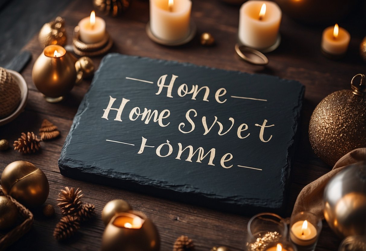 A slate with the words 'Home Sweet Home' in elegant calligraphy, surrounded by warm, cozy decor