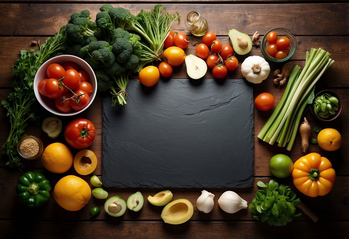 A rustic kitchen scene with a slate cutting board engraved with intricate designs, surrounded by fresh produce and cooking utensils