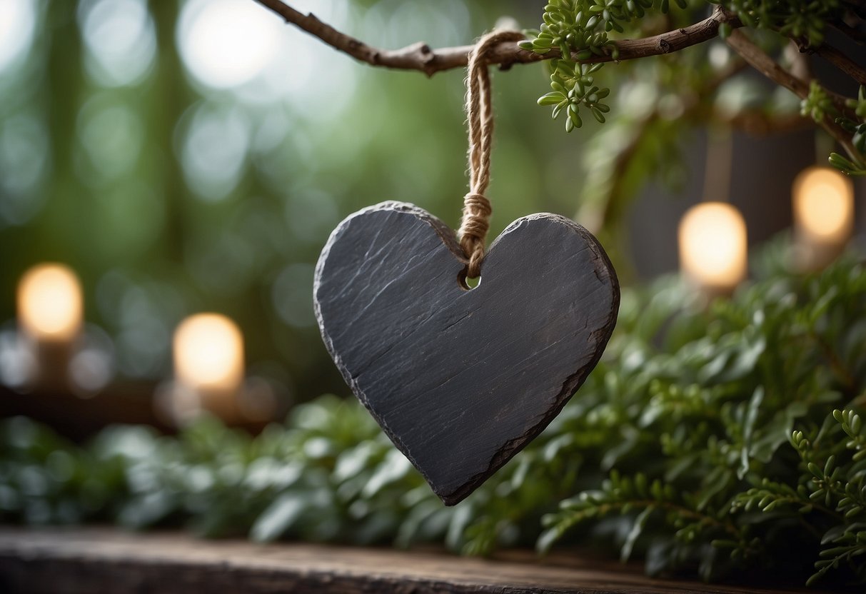 A slate heart ornament hangs from a rustic hook, surrounded by greenery and soft lighting, creating a cozy and inviting atmosphere for home decor