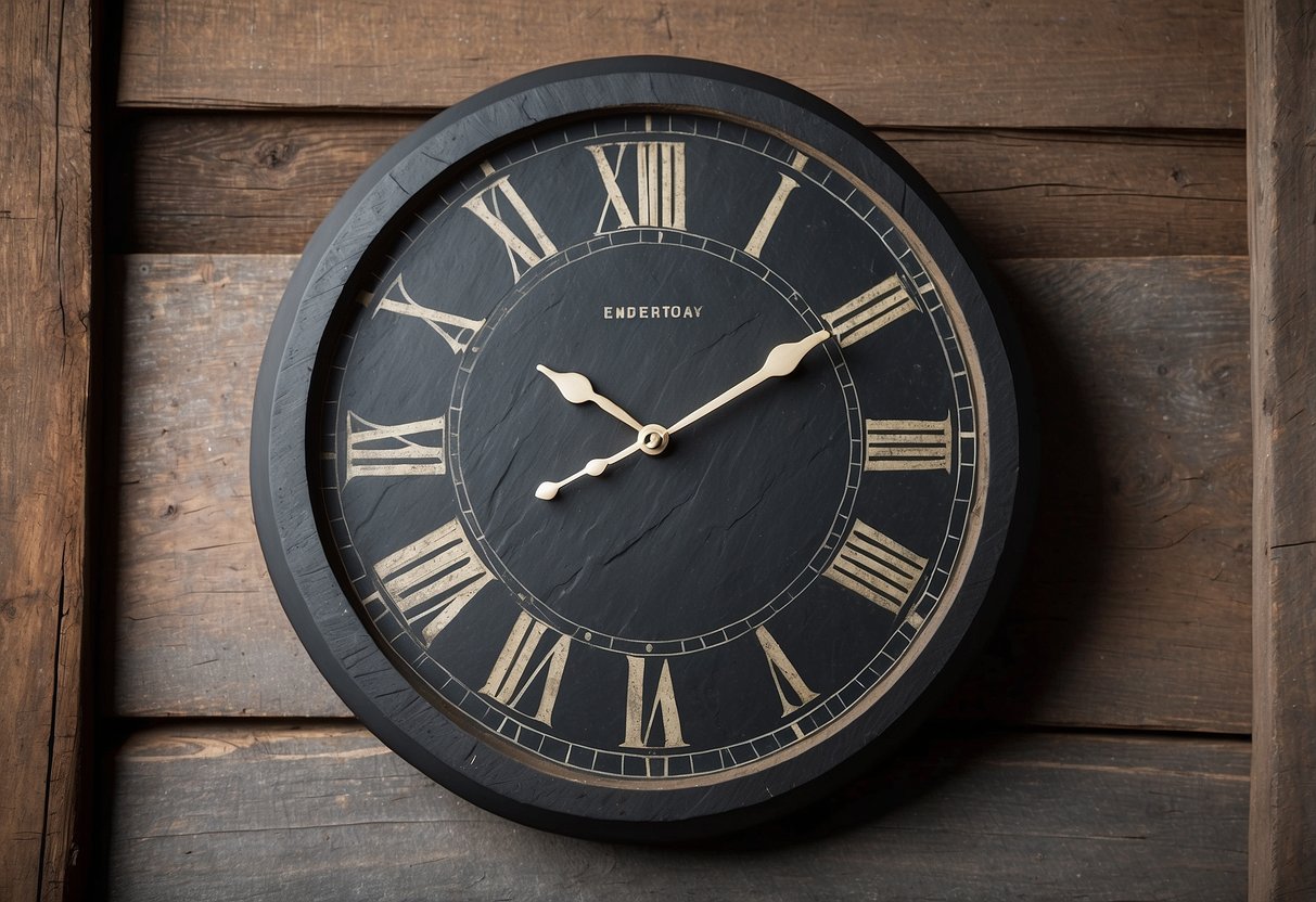 A handcrafted slate clock hangs on a wall, surrounded by rustic home decor. The natural texture of the slate art adds a touch of elegance to the room