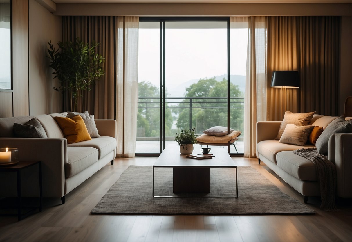 A living room with a sliding door adorned with elegant curtains, soft lighting, and cozy furniture