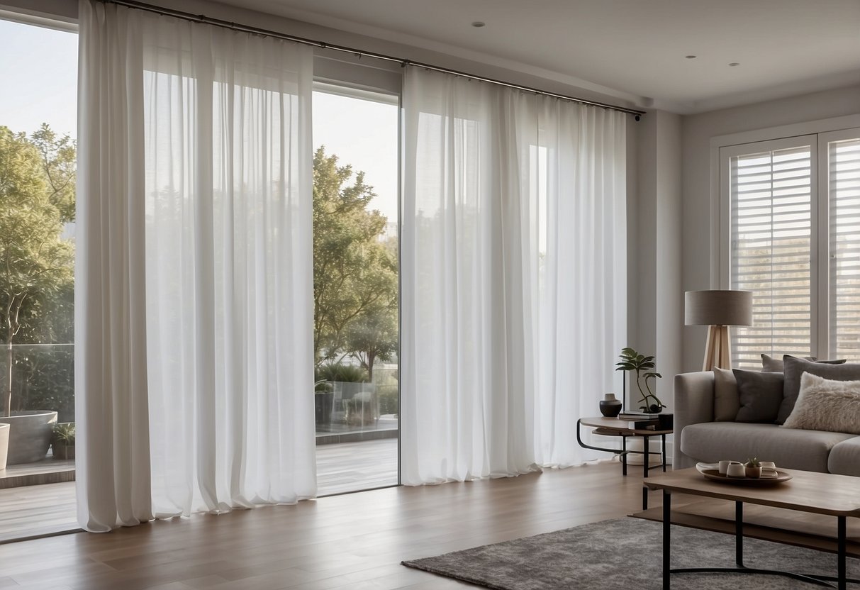 Sheer white panels drape elegantly over a sliding door in a modern living room, creating a soft and airy atmosphere