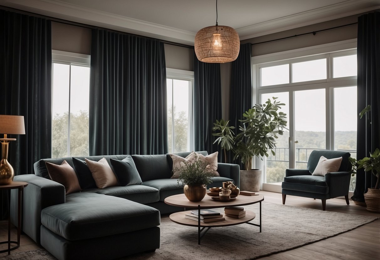 A cozy living room with a sliding door adorned with luxurious velvet blackout drapes, creating a stylish and functional home decor