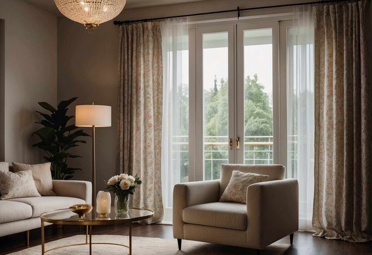 A living room with a sliding door adorned with floral print drapes, adding a touch of elegance and charm to the home decor