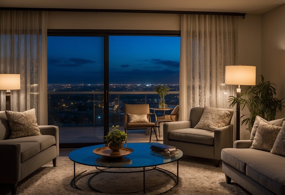 A living room with a sliding door adorned with floor-length curtains in various styles, such as sheer, blackout, or patterned, adding a touch of elegance to the home decor