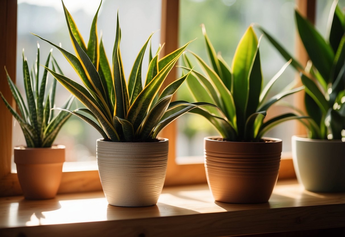 A snake plant sits on a minimalist wooden shelf, surrounded by other potted plants. Sunlight streams in through a nearby window, casting a warm glow on the green leaves