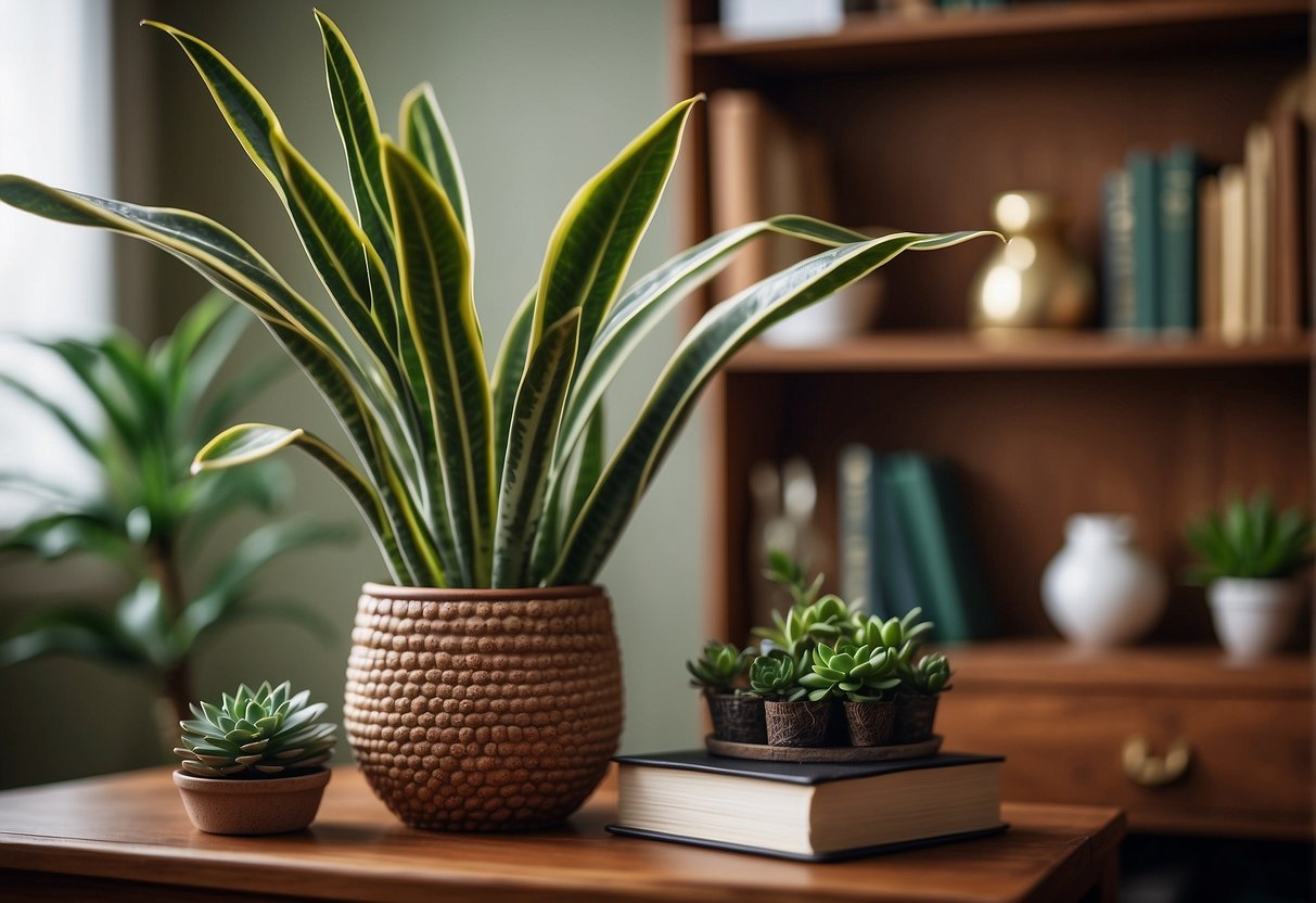 A snake plant sits on a bookshelf, surrounded by other decorative items. The plant adds a touch of greenery to the cozy home decor