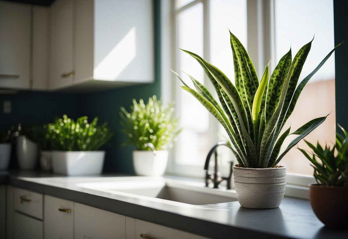 A snake plant sits on a sunny kitchen windowsill, adding a touch of green to the home decor