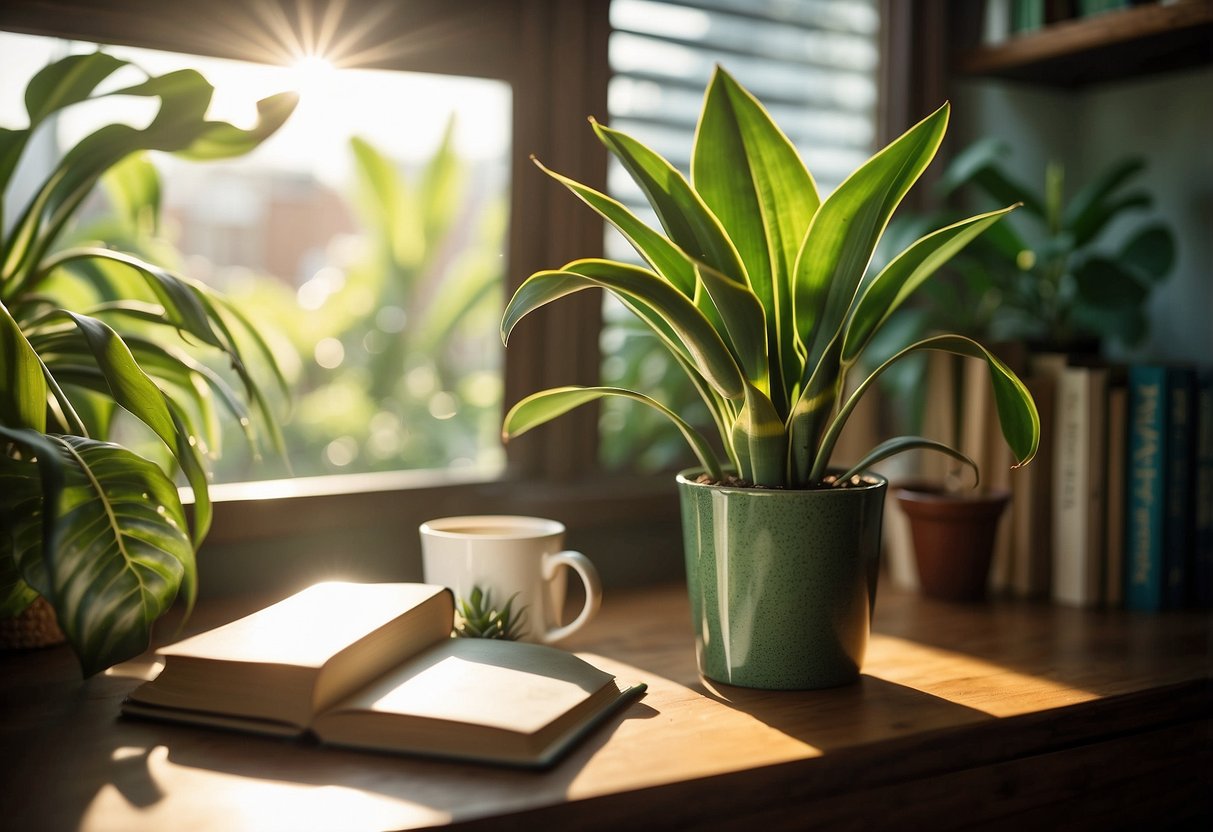 A snake plant sits on a desk, surrounded by books and a mug. Sunlight streams in through a nearby window, casting a warm glow on the green leaves