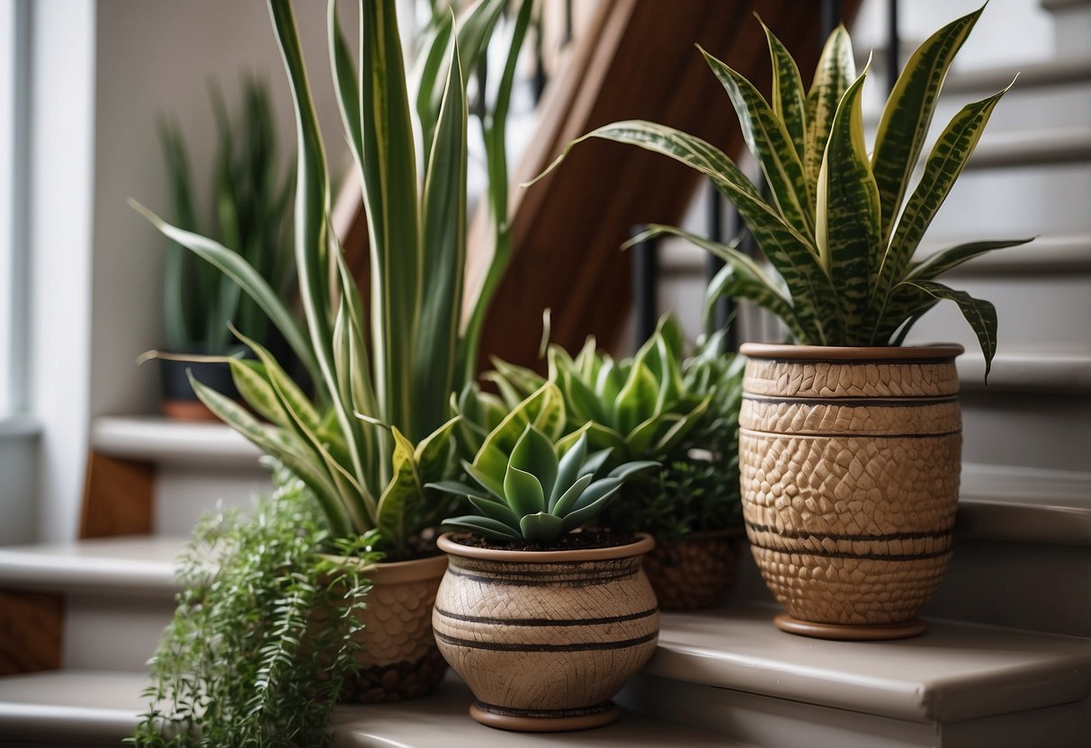 A staircase with snake plants in decorative pots