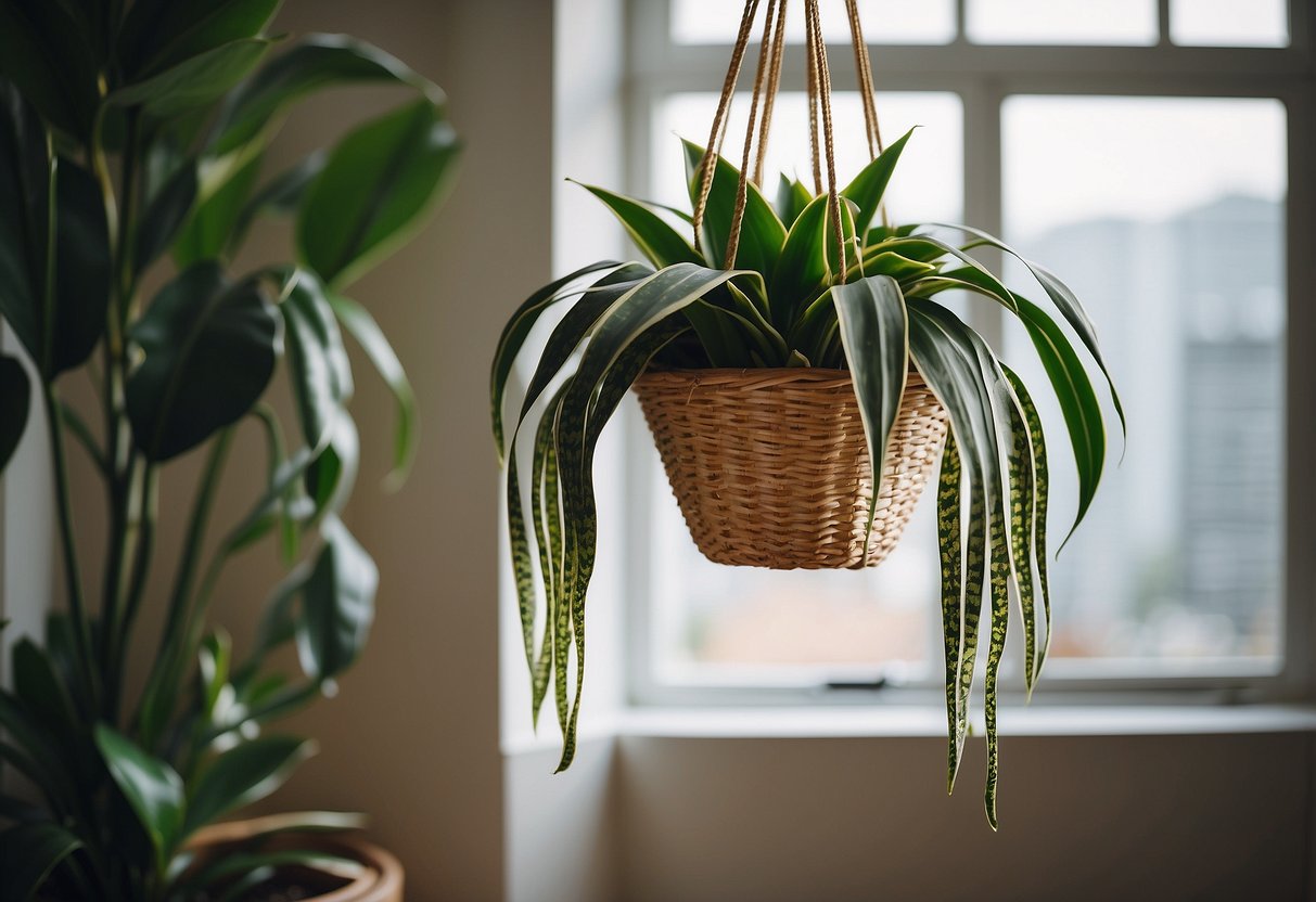 A hanging basket holds a snake plant, adding greenery to a modern home decor