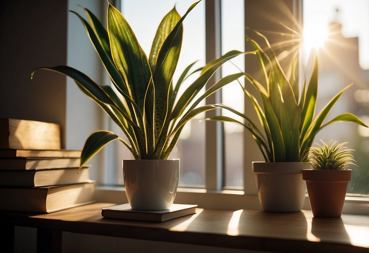 A snake plant sits on a modern bookshelf next to a minimalist lamp and a stack of art books. Sunlight streams in through a nearby window, casting a warm glow on the plant's variegated leaves