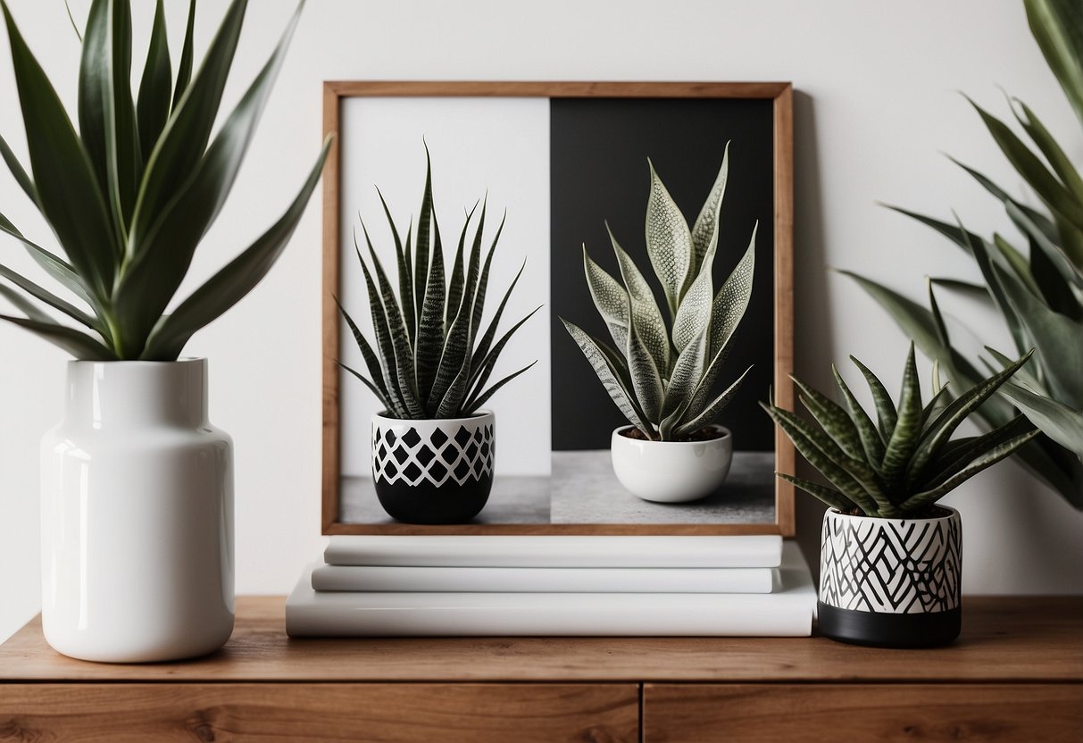 A sleek snake plant sits on a modern wooden shelf next to a geometric terrarium and a minimalist black and white print