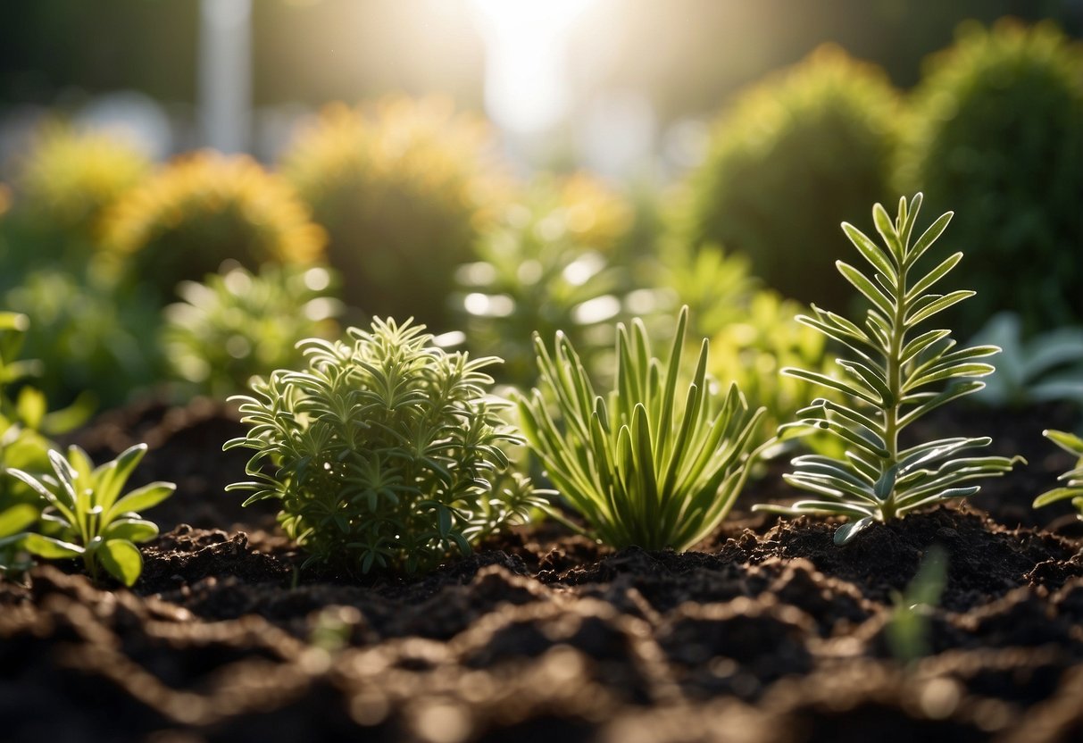 A sunny garden with diverse evergreen plants thriving in optimal soil and light conditions, showcasing vibrant and healthy growth