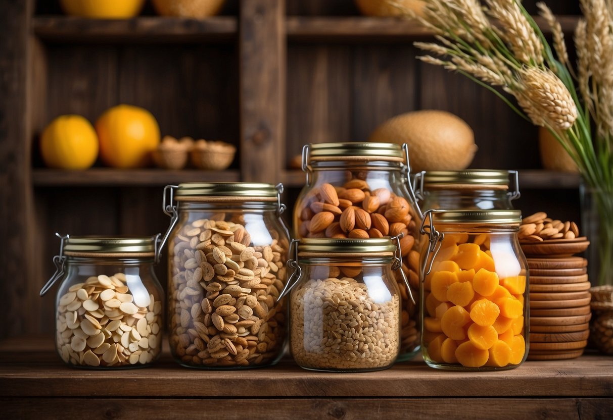 A rustic wooden shelf holds jars of nuts, dried fruits, and granola. A woven basket contains artisanal crackers and cheese. A vase of fresh flowers adds a pop of color