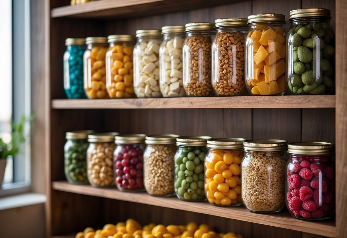 A wooden shelf with mason jars filled with colorful snacks, arranged in a decorative and inviting manner for home decor