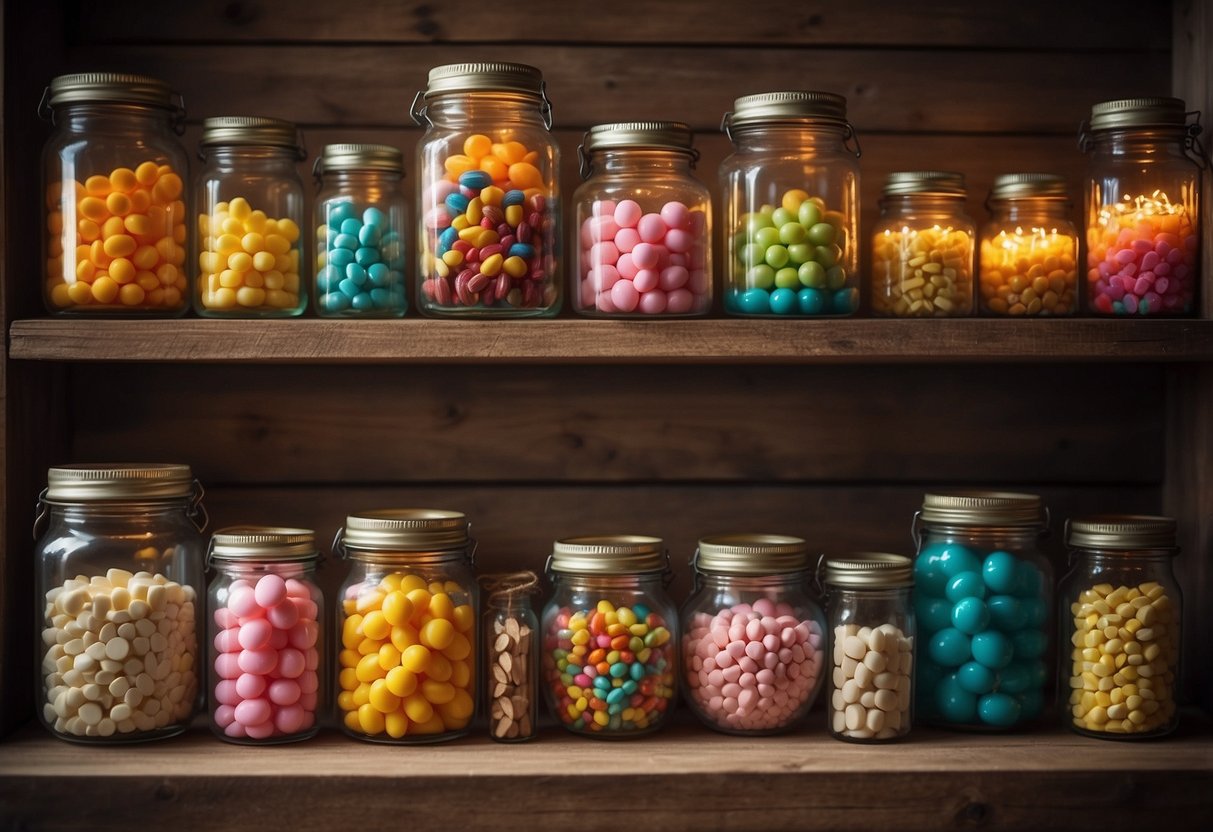 A collection of colorful candy jars arranged on a rustic wooden shelf, surrounded by fairy lights and decorative accents for a cozy home display