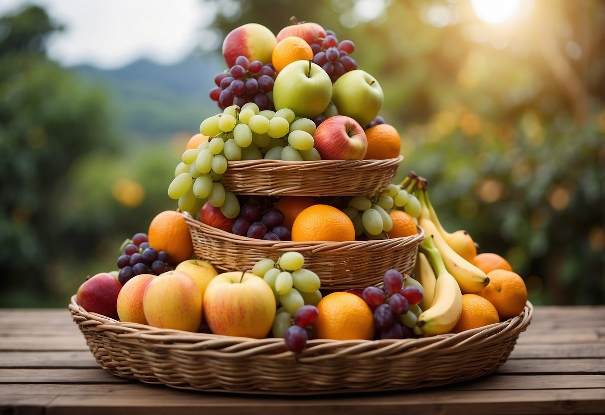 A tall fruit basket tower stands on a wooden table, overflowing with a variety of colorful fruits, such as apples, oranges, bananas, and grapes, creating an attractive and appetizing snack display for home decor