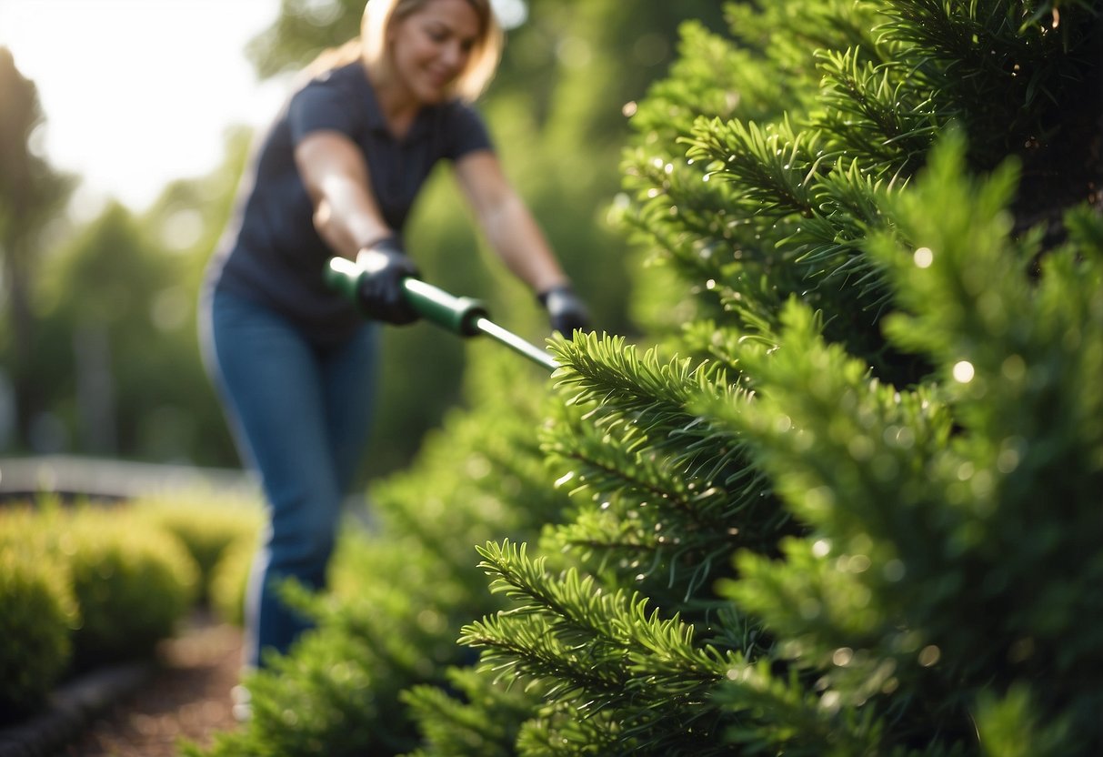 Lush evergreen plants being carefully pruned and watered in a well-maintained garden setting. Sunlight filters through the leaves, highlighting their vibrant green color