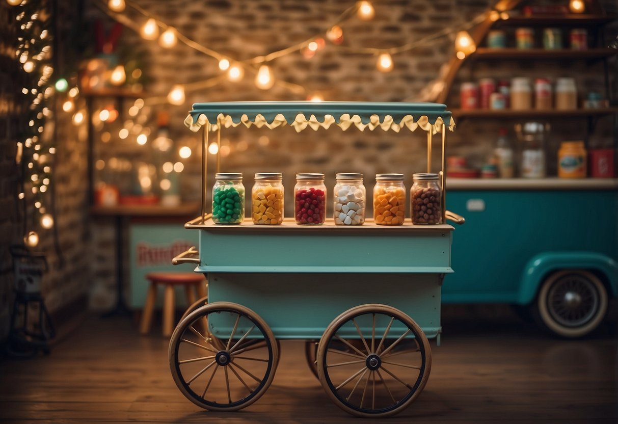 A vintage snack cart with colorful jars and baskets filled with nostalgic treats, set against a backdrop of retro wallpaper and string lights