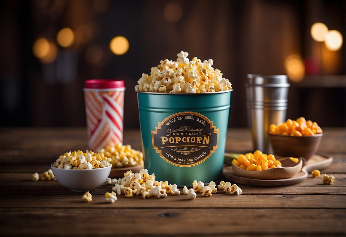 A colorful popcorn tin display sits on a rustic wooden table, surrounded by various snack options. The tin is open, revealing the delicious popcorn inside