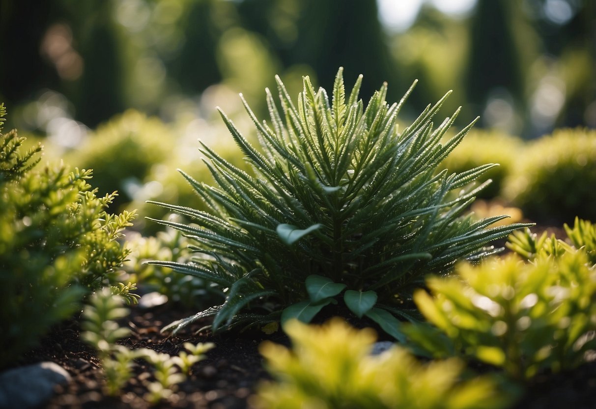 A variety of vibrant evergreen plants in a lush garden setting, showcasing healthy growth and vitality